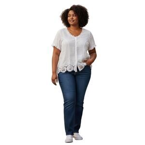 Agis White Lace Trim European embroidered Short Sleeve Blouse Size 20